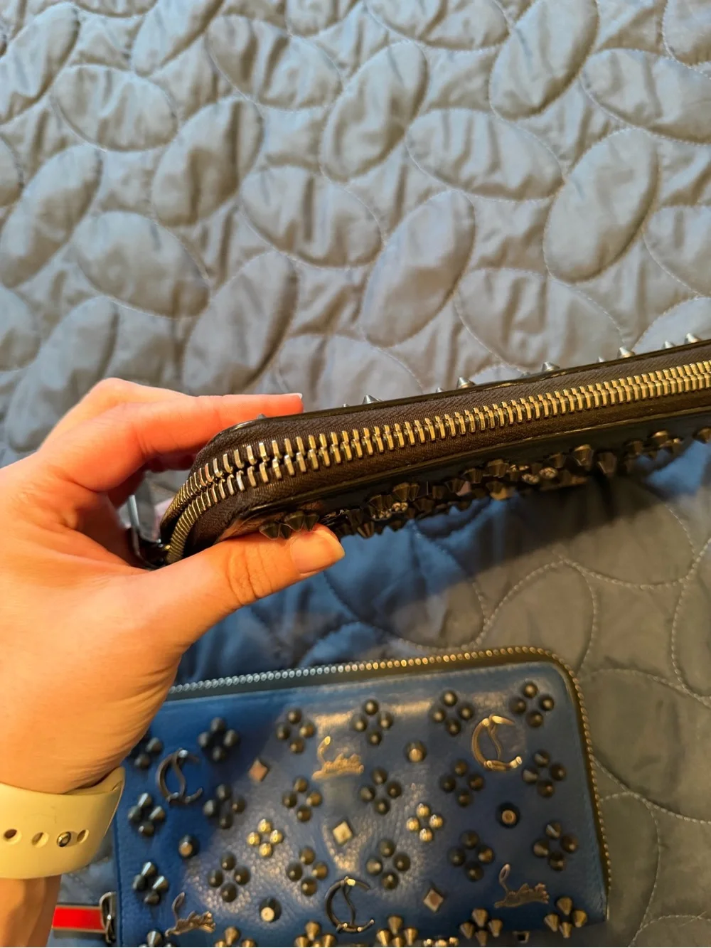 Christian Louboutin Embellished Zip-Around Wallets in Black and Blue - Picture 7 of 16